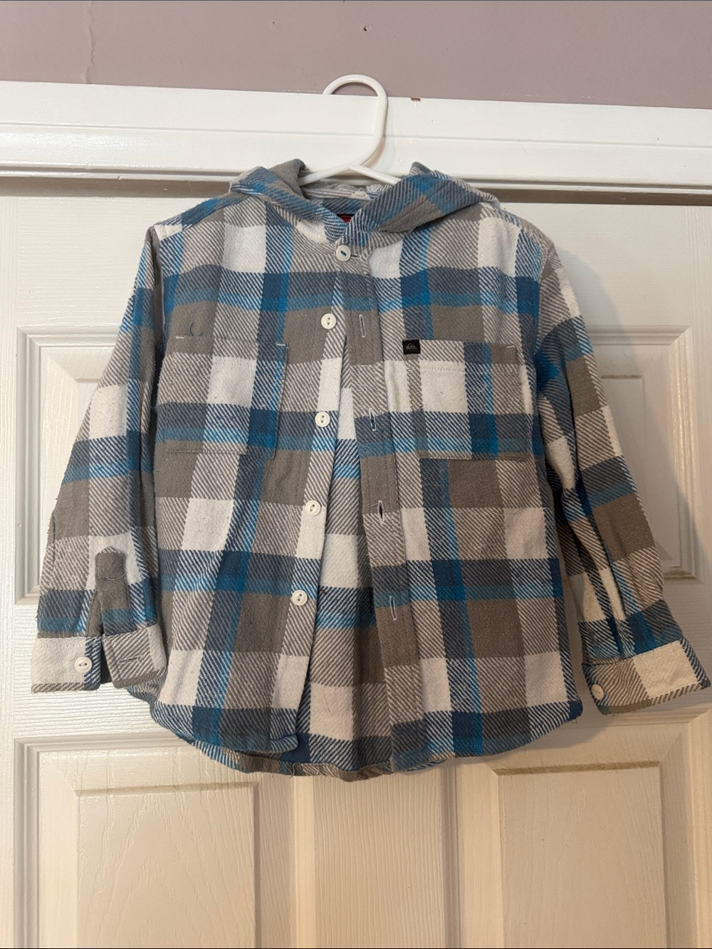 Quiksilver Gray, Blue & White Plaid Hooded Button-Front Shirt